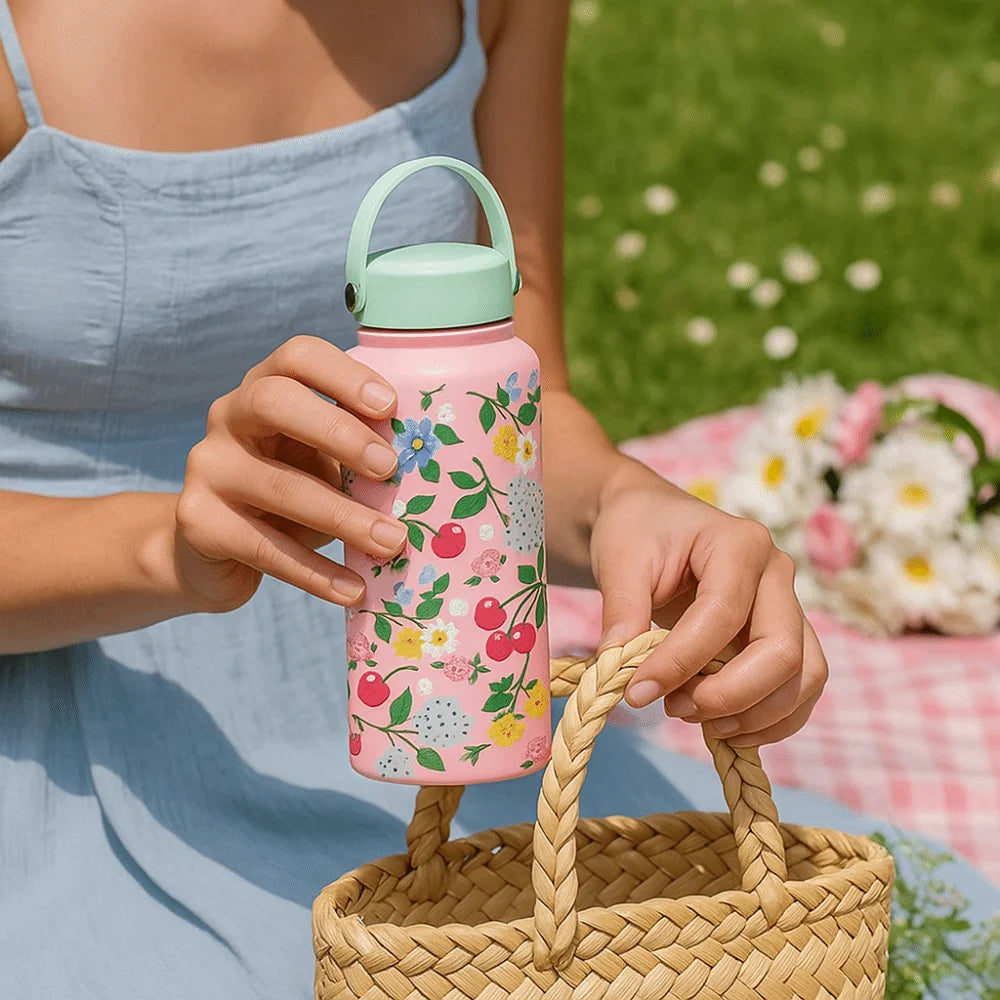Gift INS Insulated Water Bottle 1L Portable Thermal Water Bottle Leak-proof Large Capacity Floral Thermal Cup Household