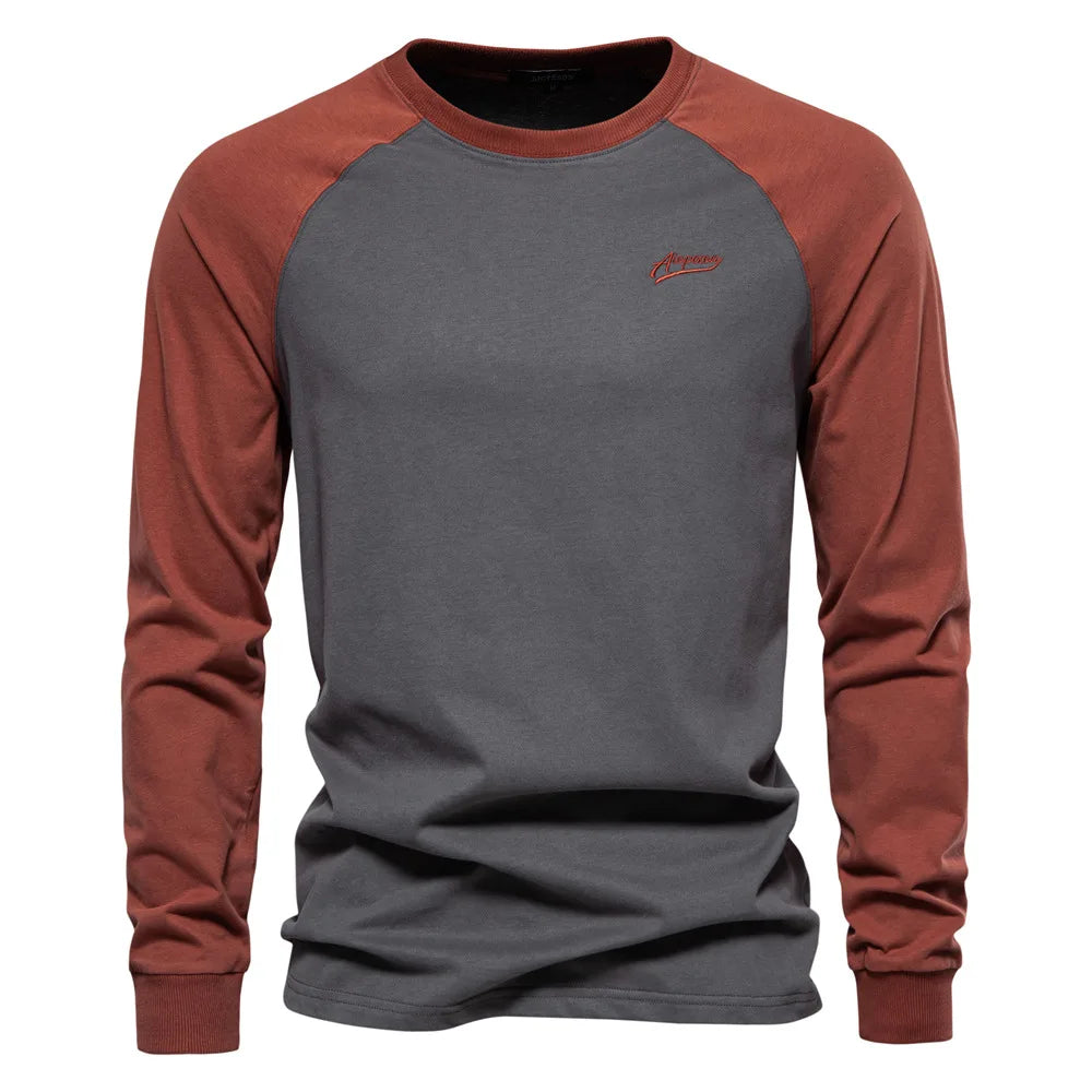 New 100% Cotton Men T-shirts Long Sleeve Splicing Tops Spring Autumn Casual Streetwear O-neck Slim Tees Men's Bottom T-shirt