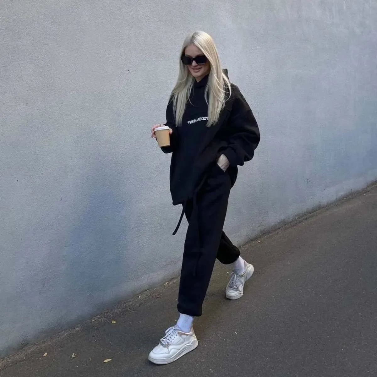 Two Piece Drawstring Set Long Sleeved Letter Print Hoodies Loose Sweatshirt Jogging Pants Outfits Autumn Women Sports Hooded