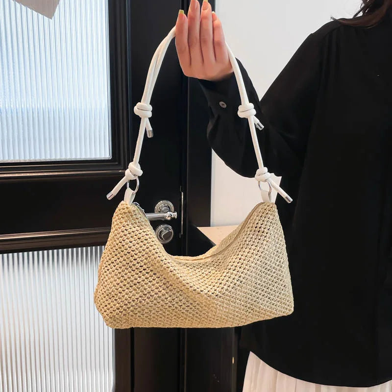 Women Woven Bag Summer Beach Holiday Handbag Portable Tote Bag Fashion Casual Big Capacity Leather Rope Women Shoulder Bags
