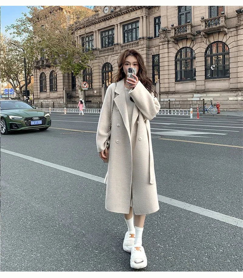 100% Wool Coat Women's Wear 2024 Autumn/Winter Fashion Temperament Double sided Cashmere Coats with Belt Elegant Long Overcoat