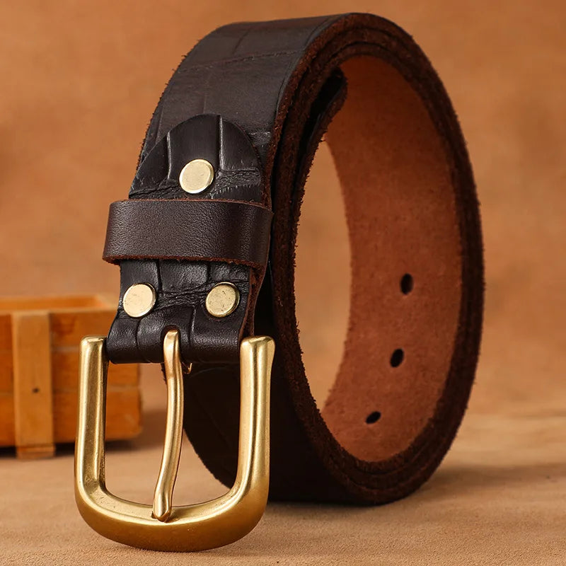 Genuine Leather Belt Men Luxury Strap Male Fashion Pure Cowhide Copper Buckle Wild Classic Retro Pin Buckle High Quality