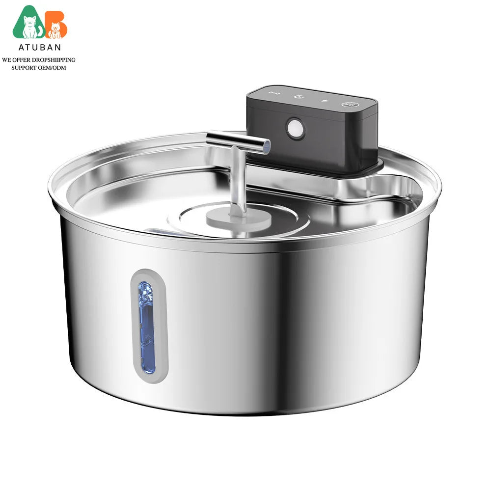 ATUBAN Wireless Cat Water Fountain-3.2L Automatic Cat Water Fountain Cordless,Stainless Steel Battery Operated for Multiple Pets