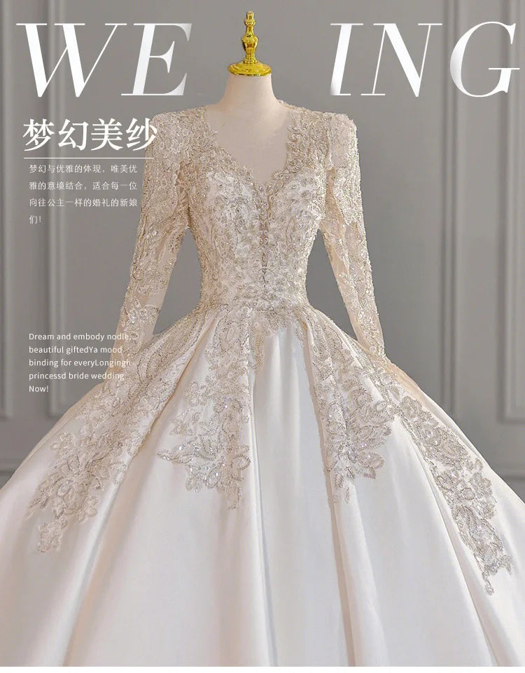 Wedding Dress Long Sleeve Heavy Industry 2023 New Bride V-Neck Satin High Quality Palace Main Wedding Dress French Wedding Dress