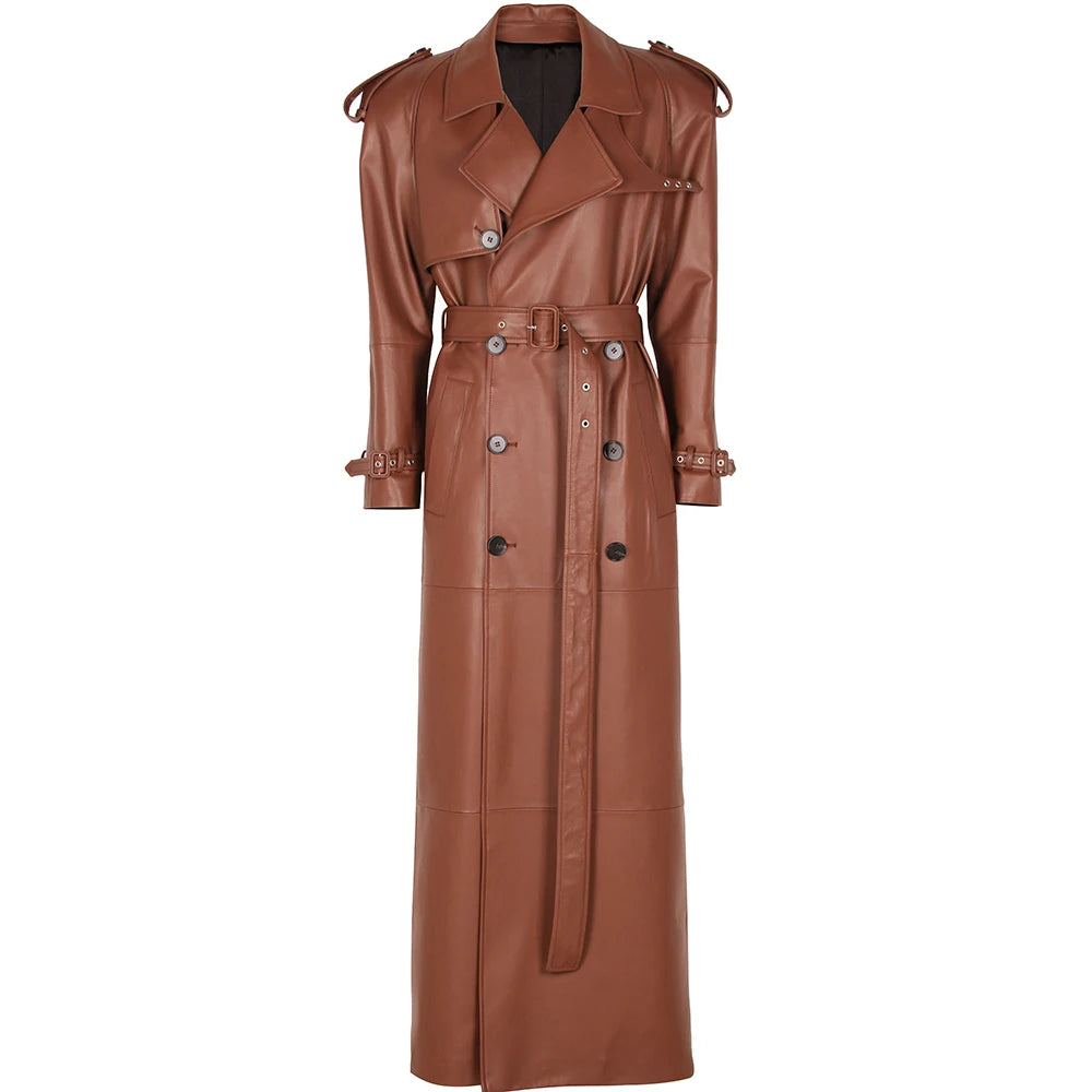 YOLOAgain 150cm Extra Length Real Leather Trench Coat Women Double Breasted Suede Coat Female
