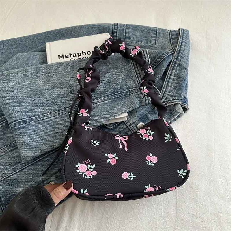 Women's Bag Summer Canvas Pleated Handlebags Armpit Bag Korean Floral Bow Printed Zipper Tote Bag Female Small Shoulder Bags
