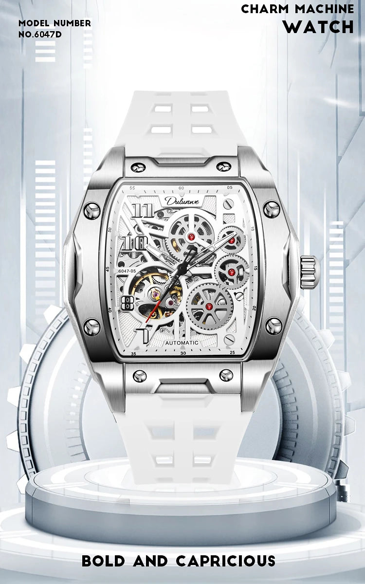 Watches For Men Original Automatic Mechanical Watch Skeleton Waterproof Luminous Men's Watch White Rubber Strap Reloj Hombre