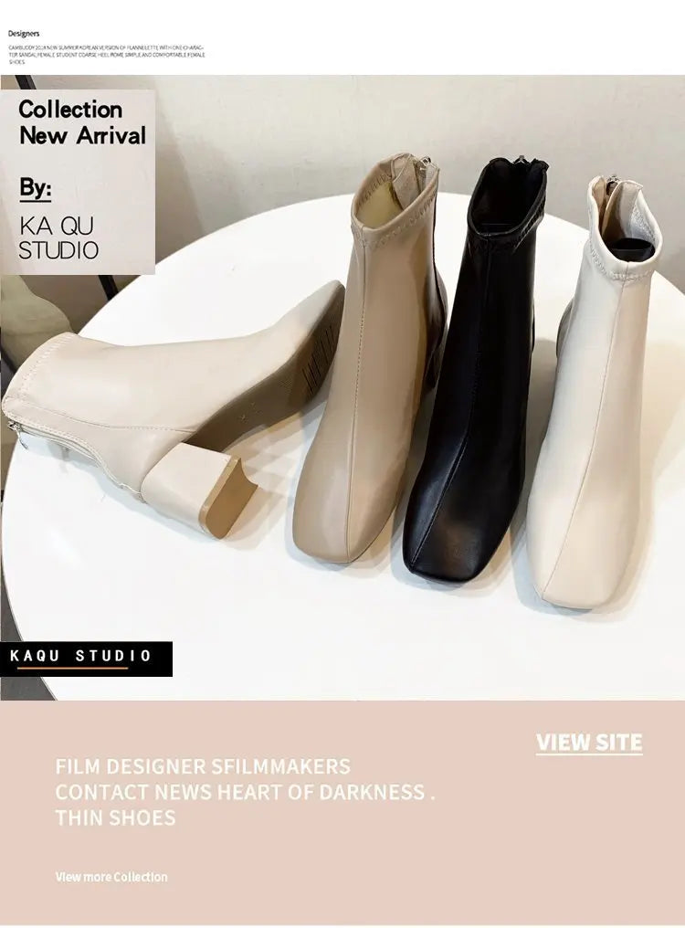 Ladies Bla High Heel ort Boots Spring Autumn Briti Sle Square Head  Boots Faionable Waterproof PU Leather