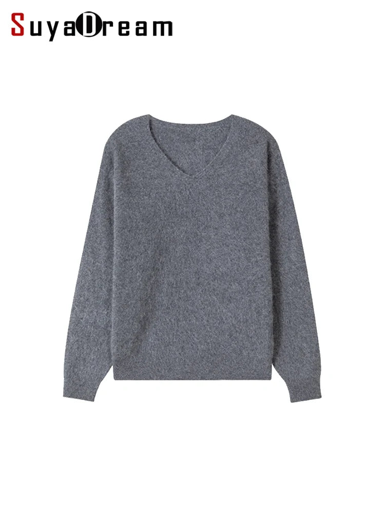 SuyaDream, Women Fleece Pullovers, V Neck, 3.8%Cashmere 96.2%Wool, Chic Warm Sweaters, 2025 Fall Winter Solid Top, Camel, Olive