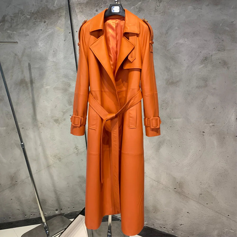 Gold Leather Coat Long Ladies Real Sheepskin Coat Genuine Sheep Leather Windbreak Long 21018