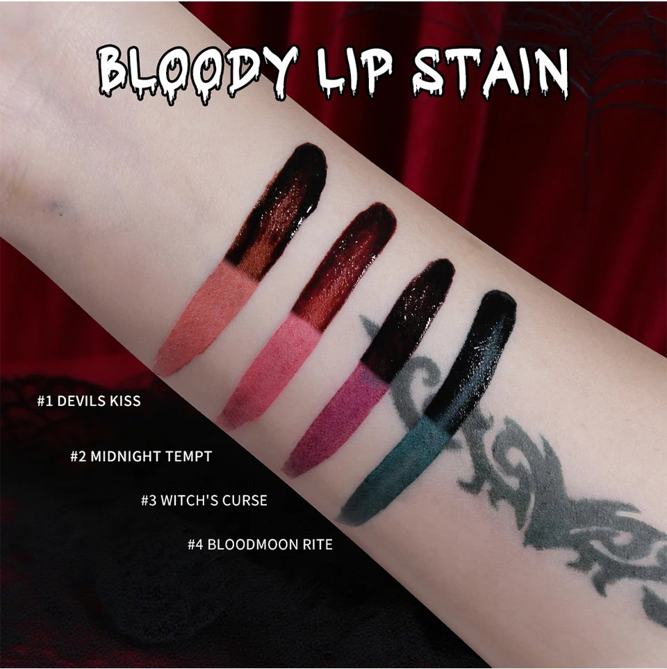 Lakerain 4pcs Kiss of Death Lip Stain Kit  Blood-stained Lip Look Long Water Proof Matte  DEVILS KISS WITCH'S CURSE Gothic Makeu