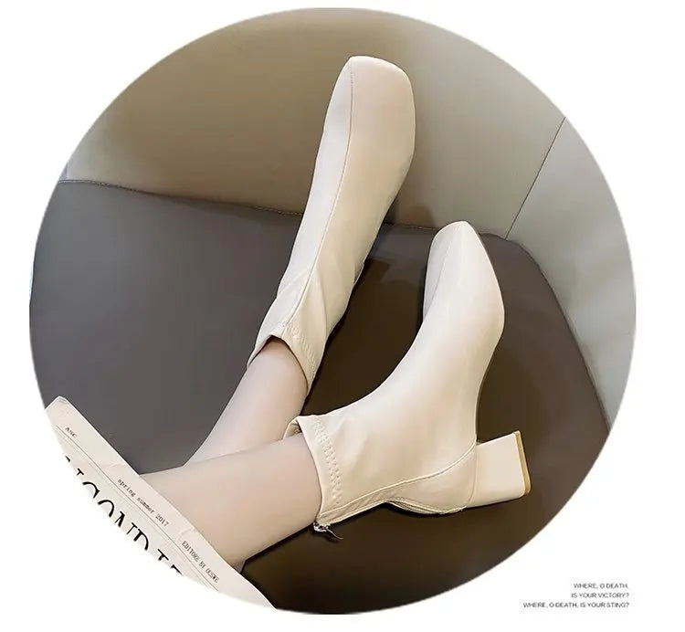 Ladies Bla High Heel ort Boots Spring Autumn Briti Sle Square Head  Boots Faionable Waterproof PU Leather