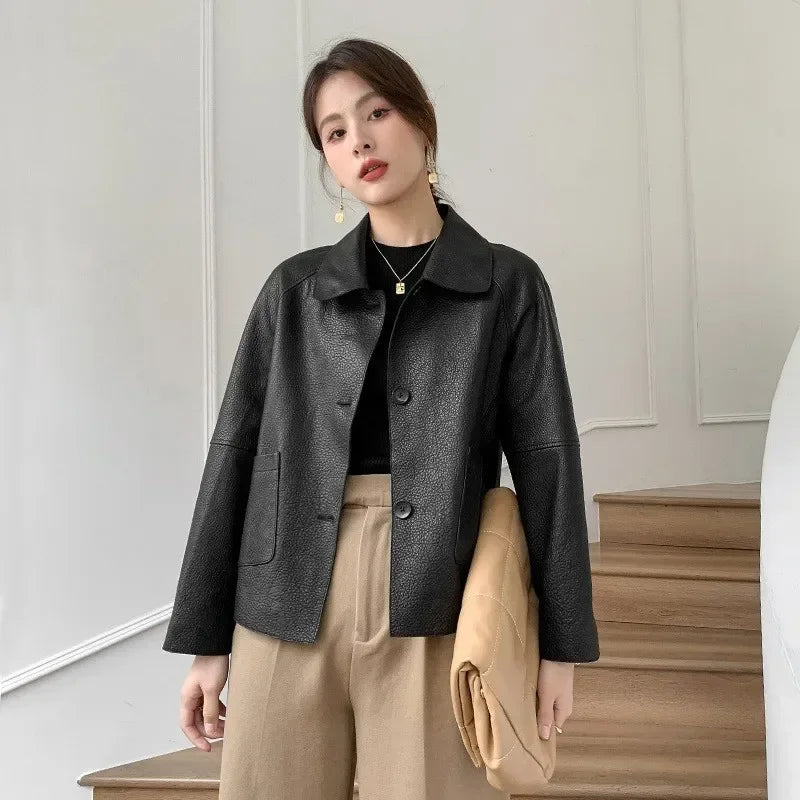 High-end Simple Natural Sheepskin Coats for Women 2025 New Trend Casual Single-breasted Lychee Texture Genuine Leather Jacket