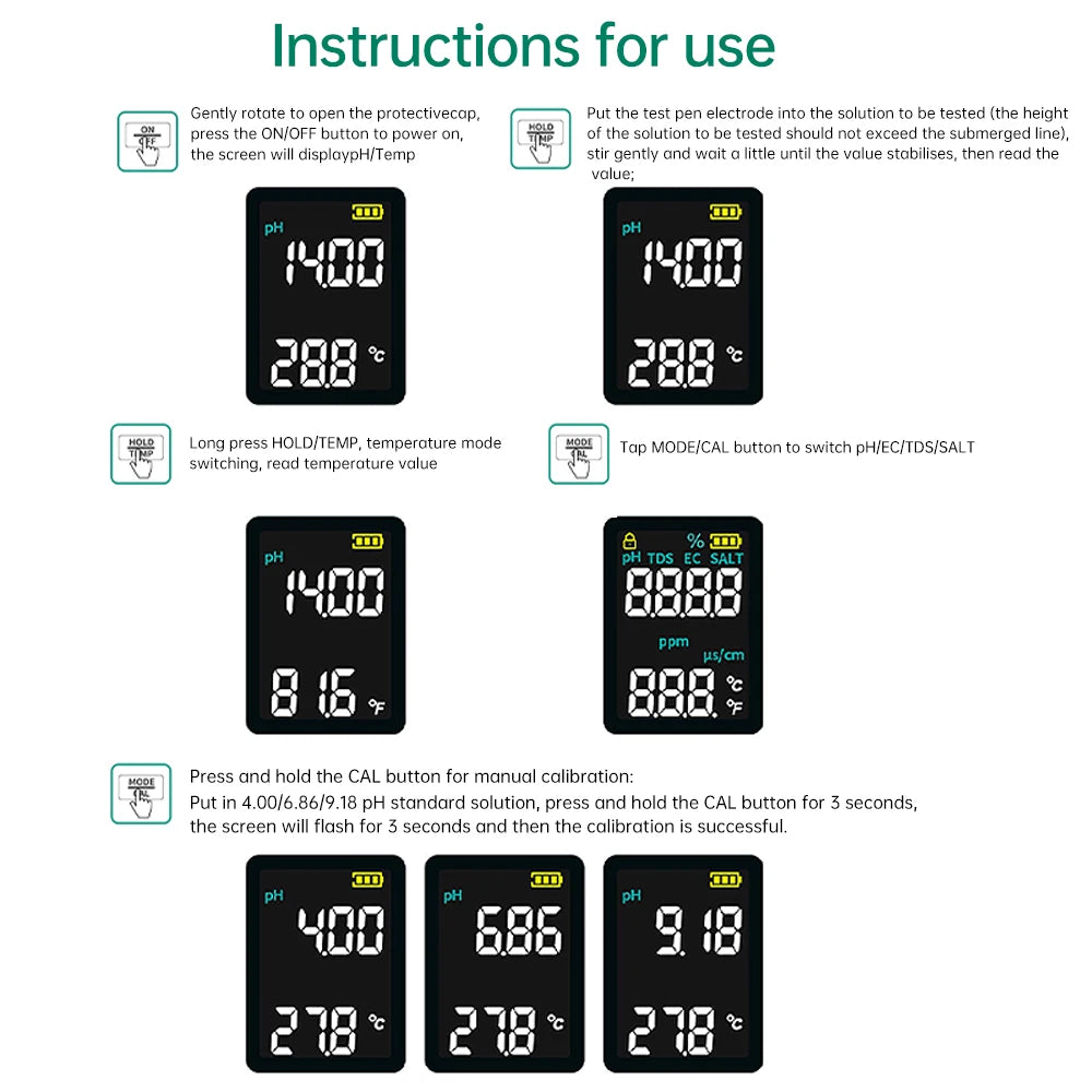 X51 Digital Water Quality Monitor Tester TDS PH Meter PH/TDS/EC/SALT/Temperature Meter for Pools Drinking Water Aquariums