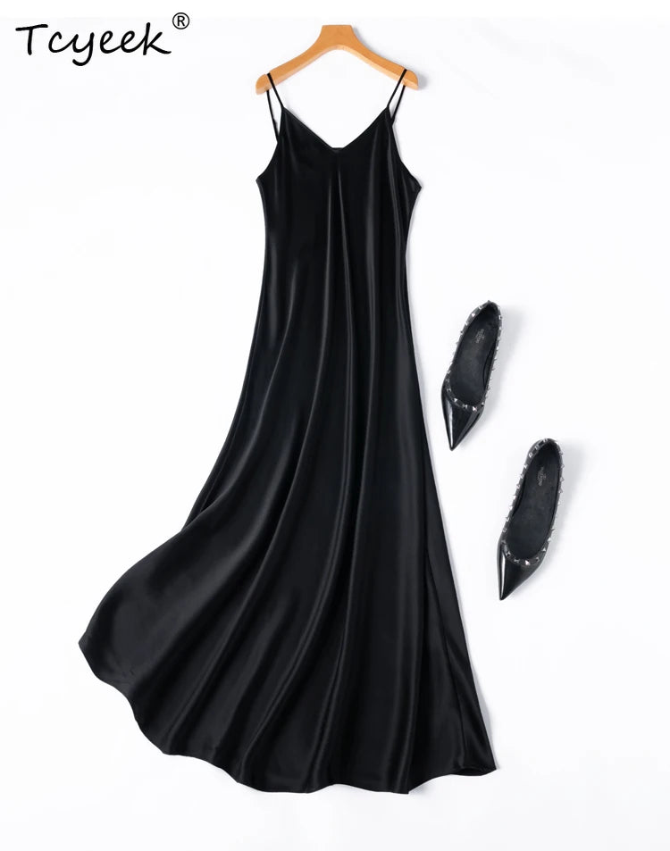 Tcyeek 100% Natural Mulberry Silk Long Dress 21MM Real Silk Summer Dresses for Women 2026 Elegant Dresses Womens Clothing Платье