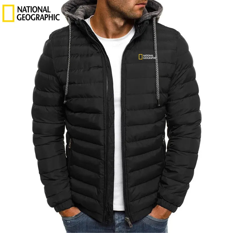 2025 New National Geographic Men's Cotton Padded Coat for Autumn and Winter, Embroidered Warm Hooded Zipper Hooded Coat for Men