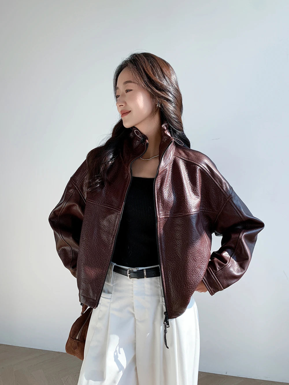 Vintage Genuine Leather Cropped Jackets for Women Spring Autumn 2025 New High-end Simple Stand Collar Bubble Real Sheepskin Coat