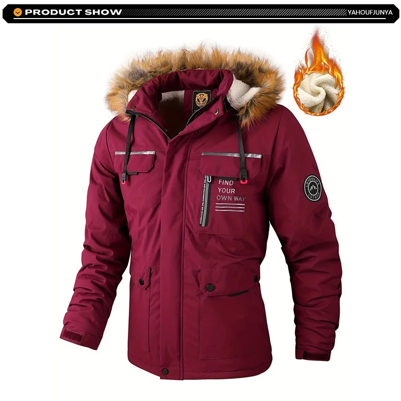 2026Winter Men Outwear Fleece Warm Removable Hooded Hiking Jacket Men Outdoor Windproof Casual Fashion Jacket Coat Male Clothing