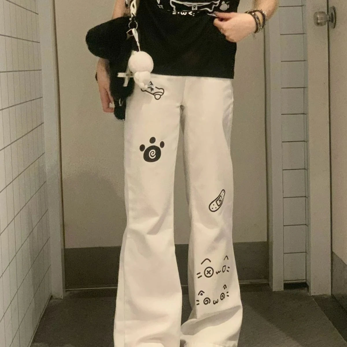 Japanese Kawaii Full Length Pants Women Cartoon Cat Pattern Casual Trousers Y2K Sweet Harajuku Subculture Autumn Sweat Pants