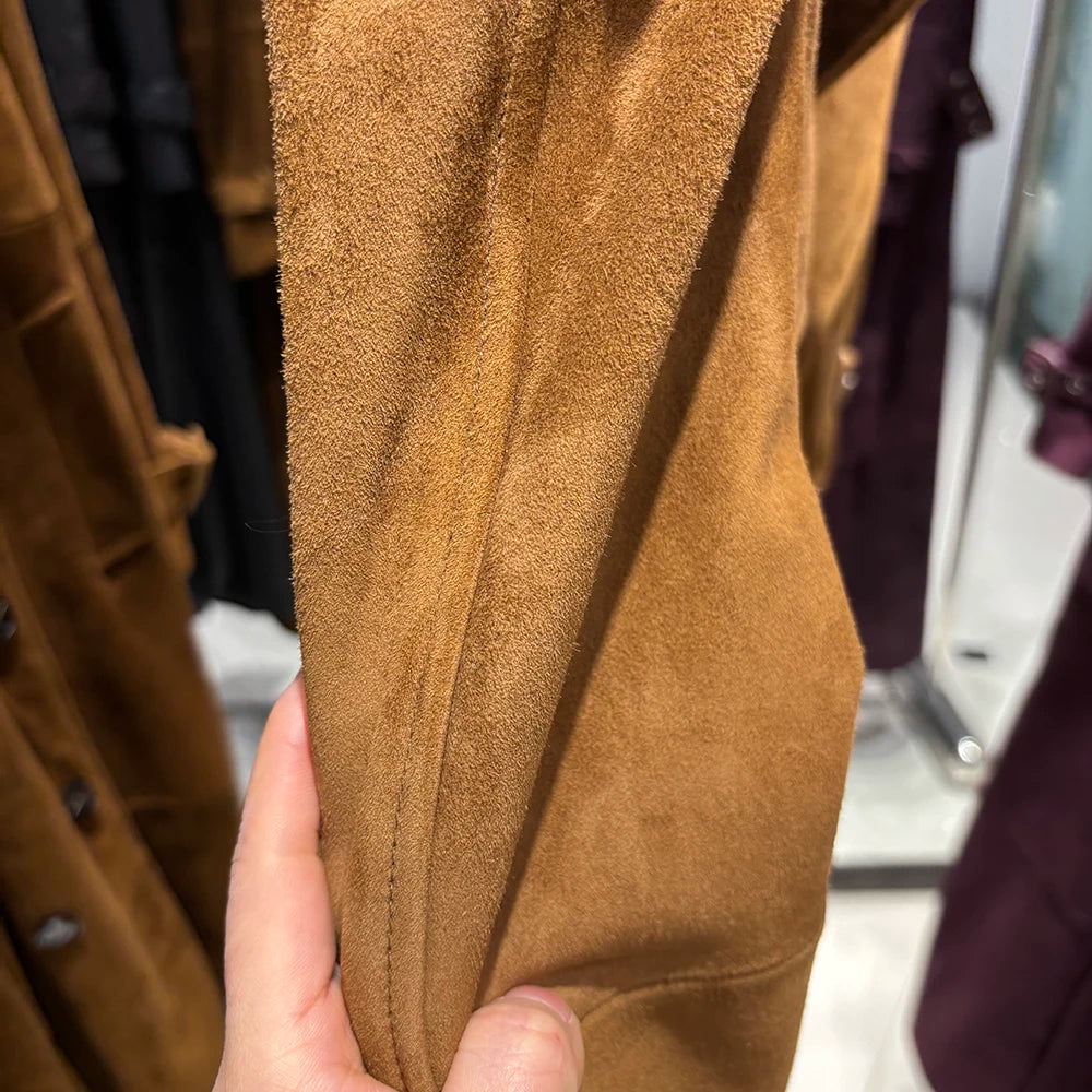 YOLOAgain 150cm Extra Length Real Leather Trench Coat Women Double Breasted Suede Coat Female