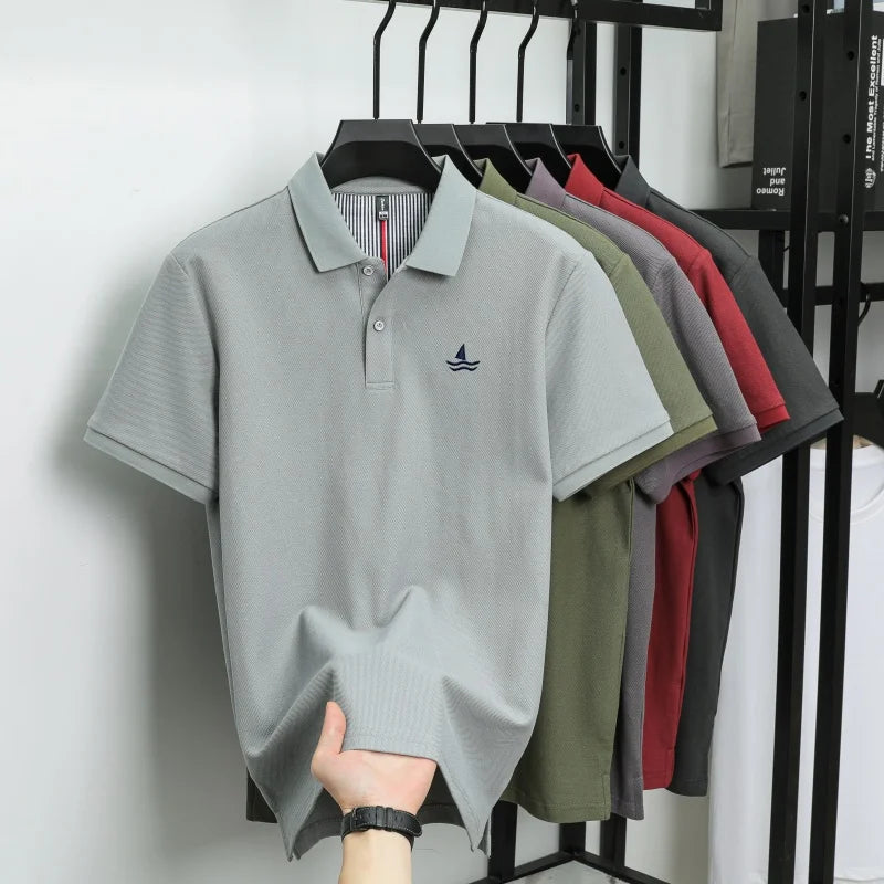 100% pure cotton men short sleeve polo shirt fashion exquisite sailboat embroidery summer comfort business casual lapel T-shirt