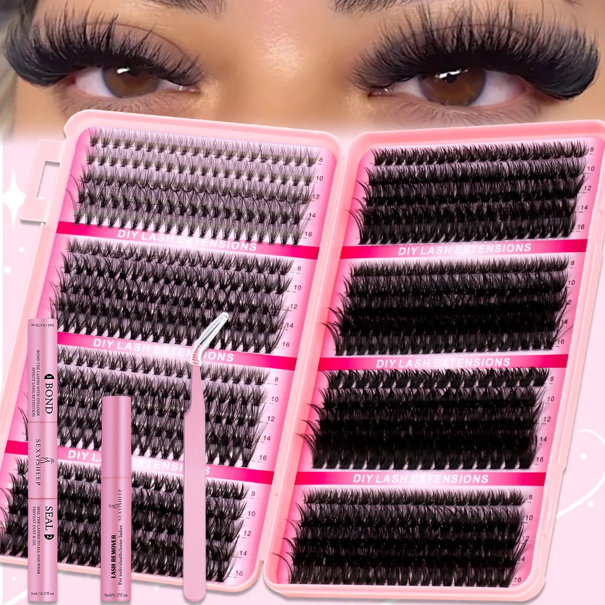 DIY Eyelash Extension Kit Soft Natural Look Wispy Kit with Bond & Seal Tweezers Reusable Cluster Lashes D Curl Individual Lash