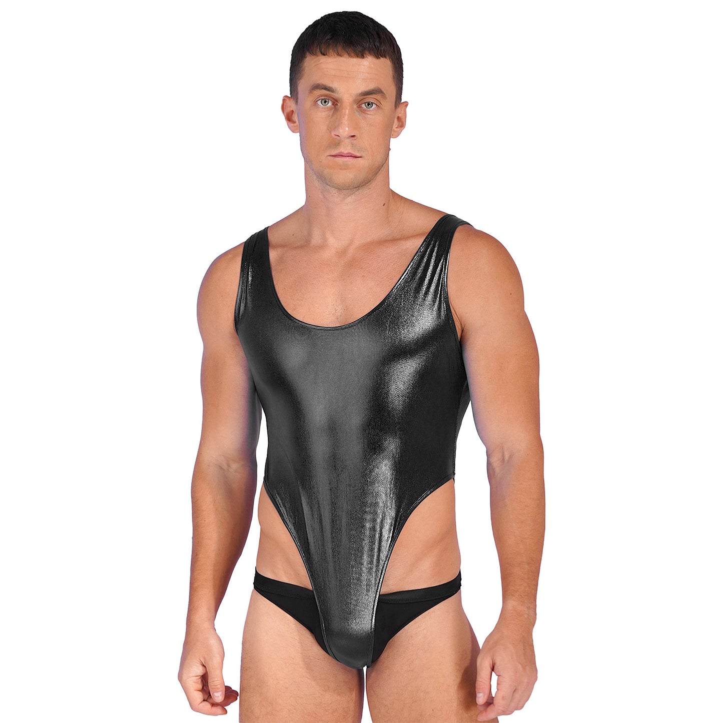 Mens Glossy Bodysuit Fashion One-piece Swimsuit Sleeveless High Cut Wetlook Faux Leather Stretch Leotard Unitard Bathing Suit