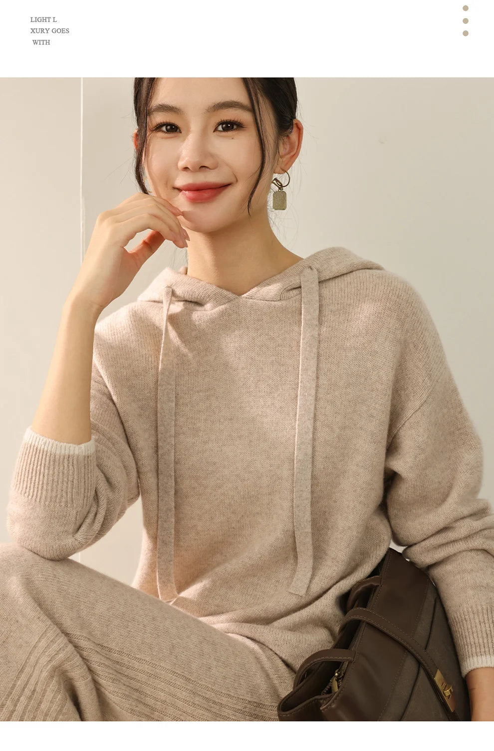 Autumn And Winter New 100 Pure Wool Suit Women Hooded Sweater Wide-Leg Pants Casual Knitting Two-Piece Suit