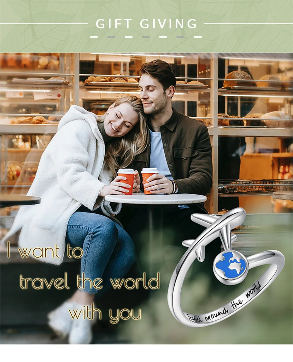 925-Sterling-Silver Adjustable Open Airplane Rings Engraved "Travel Around the Word"Engagement Ring Gifts for Women Teen Girls