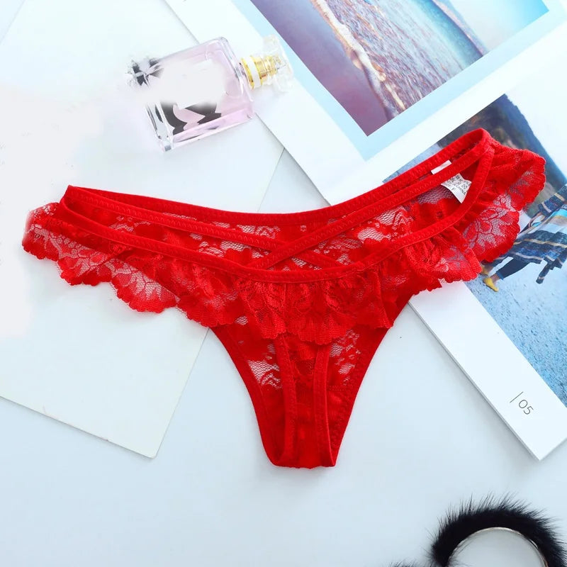 Women Sexy Thongs  Scalloped Floral Lace Fine Lingerie Low Waist Translucent Breathable Hollow Sheer Sexy Intimate Lingerie