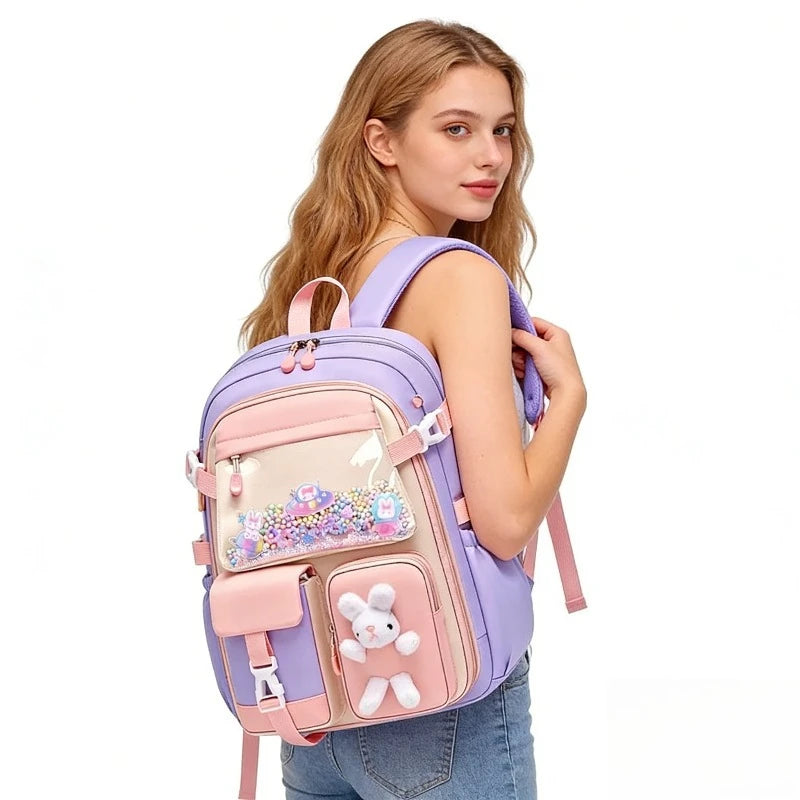 School Bag Oxford Cloth Polyester Waterproof Cute Cartoon Backpack Girls Spine Protection Rucksack Daily Campus Commuting Bag