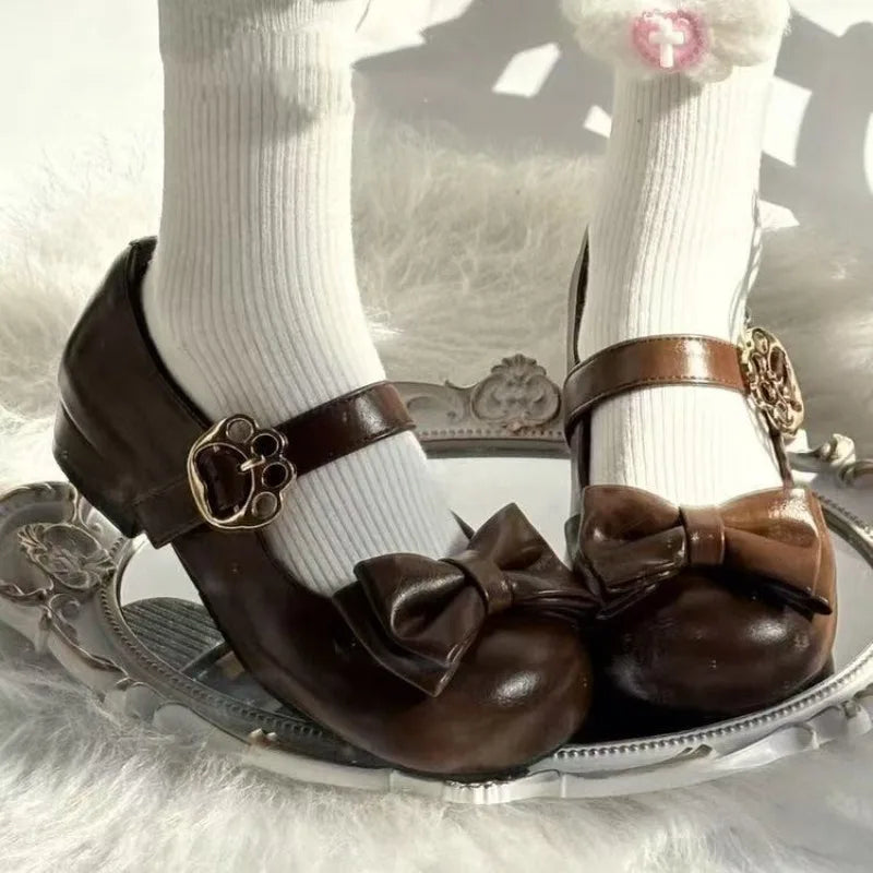 Women's Fashion Single Shoes Spring New Round Head Shallow Mouth Butterfly Knot Metal Buckle Soft Sole Non-slip Flat Shoes