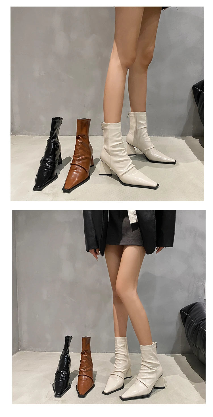 Horse Boots Female Ins Pointed Pink Skinny Boots 2023 Winter New Patent Leather Thick with Fashion High Heel Short Boots