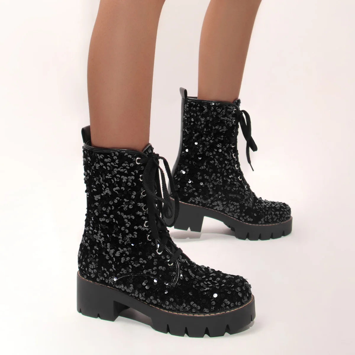 2025 New Fashion Women Shoes Front Lace Up Sequin Short Boots Coarse Heel Stage Show Ankle Boots Ladies Party Casual Short Boots