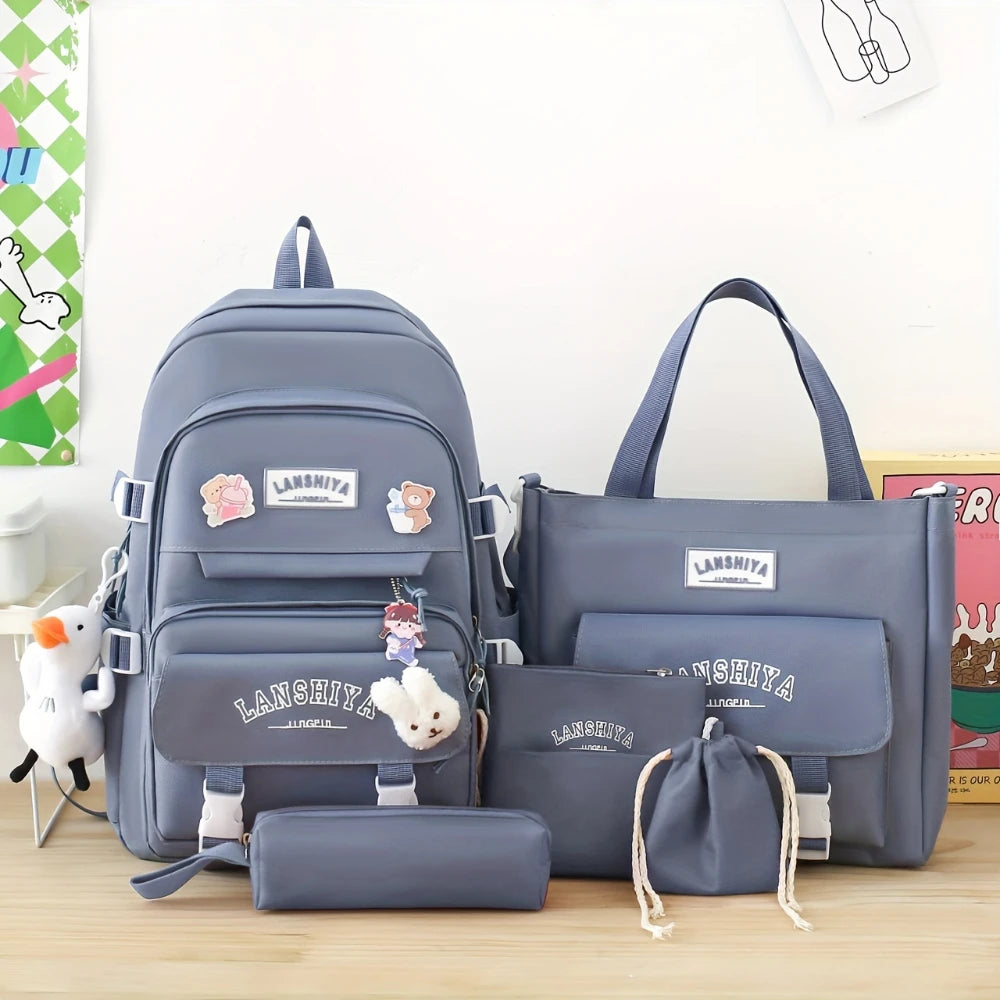 Solid Colored Teenager'S Backpack Set, Large Capacity Double Shoulder Bag, Easy Handbag And Coin Purse, Casual Crossbody Bag etc