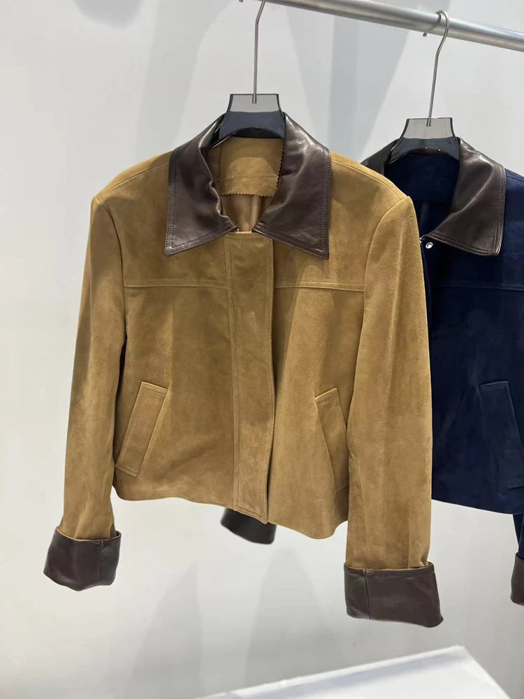 European Imported Suede Jacket Women 2025 Autumn Winter Branded New Contrasting Leather Coat Navy Blue Short Locomotive Casacos