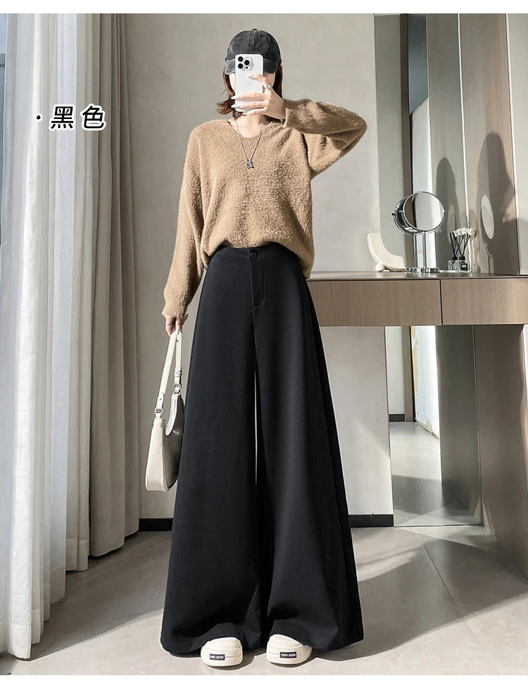 High Quality Woolen Suit Wide-leg Pants Women Fall Winter High-waisted Loose Trouser Female Chic Solid Thick Outwear Bottoms New