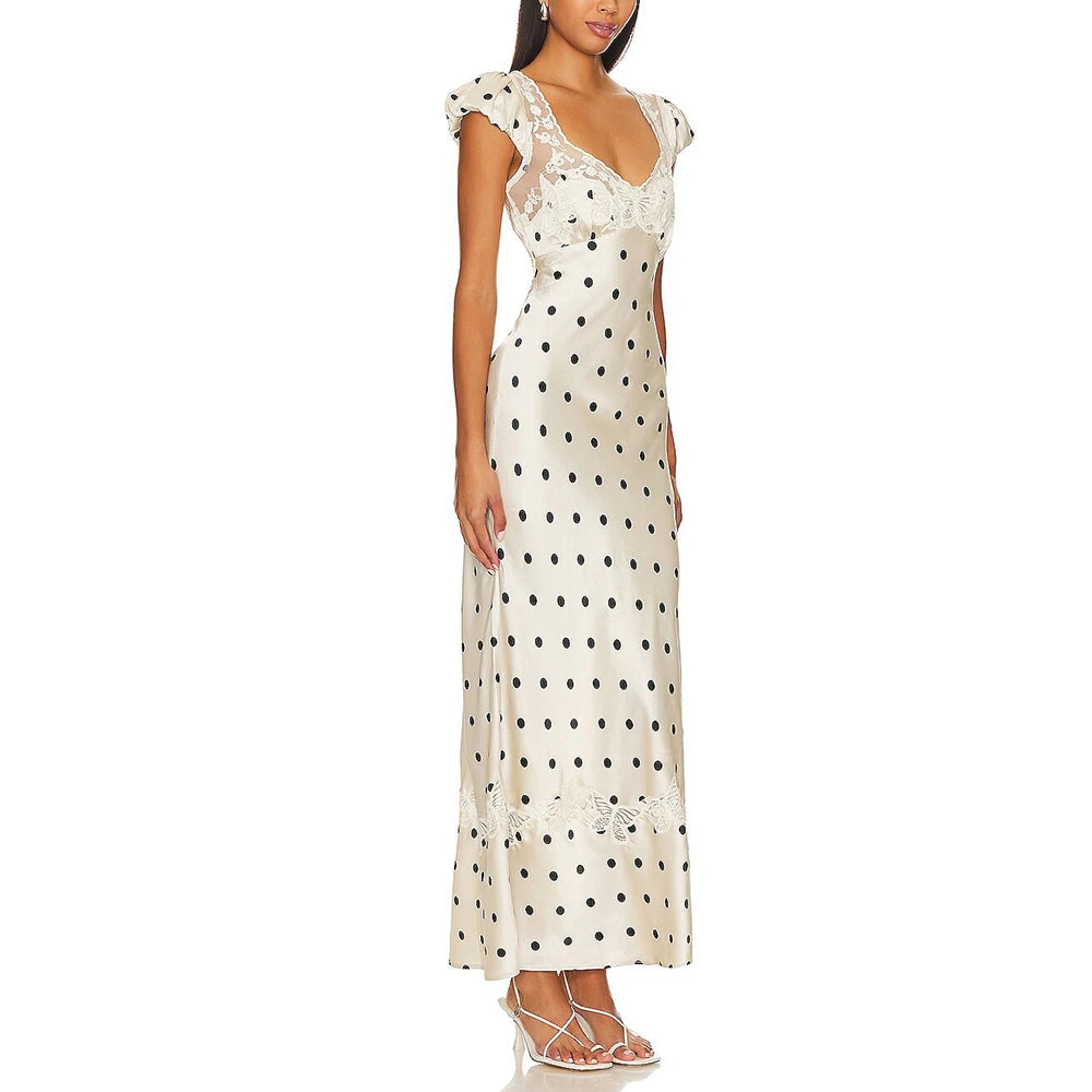 Luxurious Silk Satin Long Dress Elegant Puff Sleeve Polka Dot Floral Gown Sexy Open Back Midi Dresses for Evening Cocktail