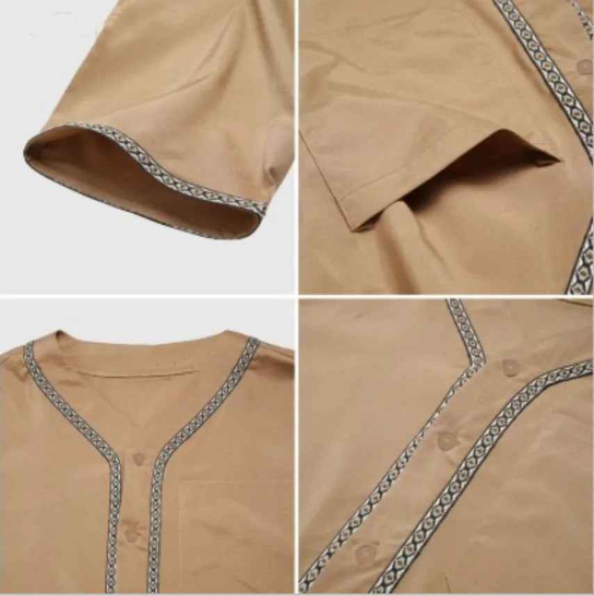 Islamic Muslim Men's Solid Color Short Sleeve Classic Embroidery Robe Dubai Arabic Ethnic Style Men's Casual Formal Robe