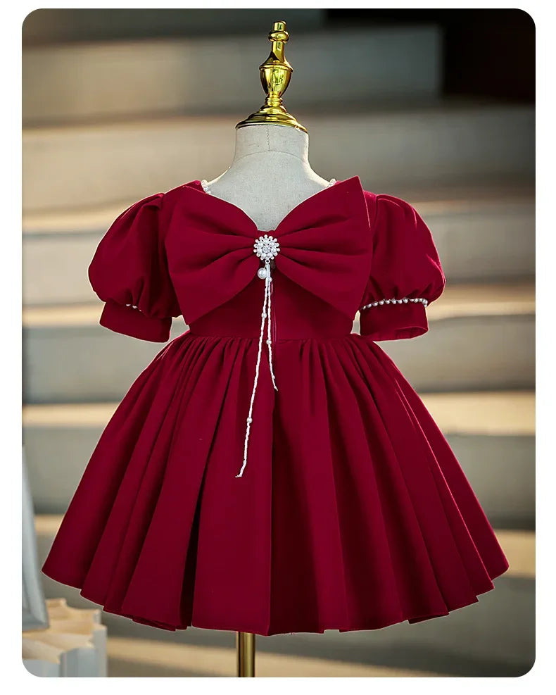2025 Red Dress For Children Formal Party Dresses For Baby Girl ClothesKids With Big Bow Girls Teenagers Beading Plain Ball Gown