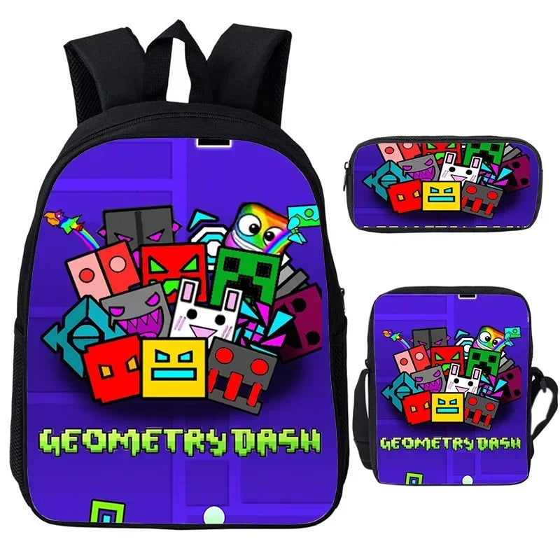 Large Capacity Bookbag 3pcs Set Boys Girls School Bags Angry Geometry Dash Cartoon Print Children Backpack Back To School Gifts