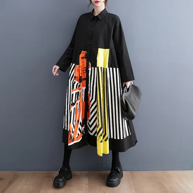 Long Sleeve Patchwork Vintage Print Dresses For Women Loose Casual Midi Dress Robe Fashion Elegant Clothing Spring Autumn 2025