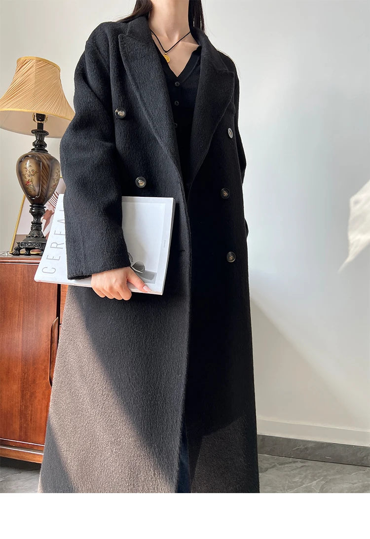 Office Lady Woolen Jackets 2024 Autumn And Winter Suit Collar Double Breasted Warmer Yak Hair Loose Long Women's Wool Coats