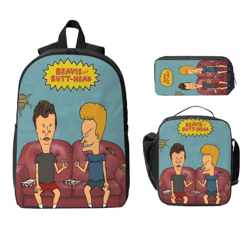 3Pcs Beavis And Butthead School bags Set for Children Pencil Boxes Backpack Sets with Lunch Box For School Students Daypack