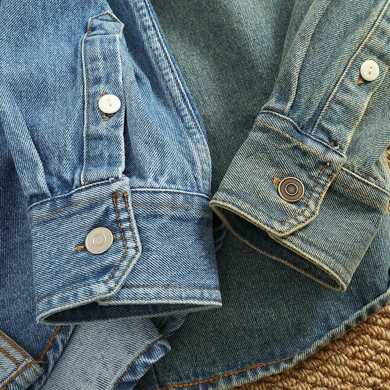 Spring Autumn New American Retro Long-Sleeve Lapel Solid Color Denim Shirt Men's Fashion 100% Cotton Washed Old Casual Blouses