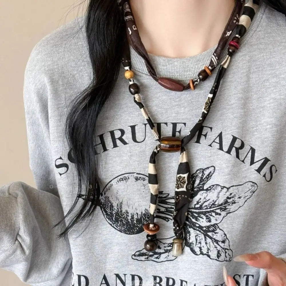 Strip Cloth Chain Necklace Multicolor Ethnic Style Wood Bead Necklace Jewelry Accessories Clavicle Chain Bohemian Choker Male