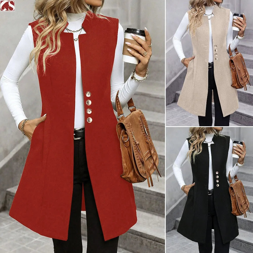 New Autumn/Winter Women's Woolen Suit Vest, Elegant Sleeveless Outerwear