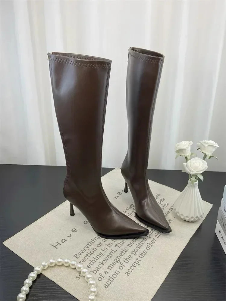 2025 New Women's High Heels Pointed Knee-length Female Boots Comfortable Stiletto Heel Soft Leather Women Shoes Zapatos De Mujer