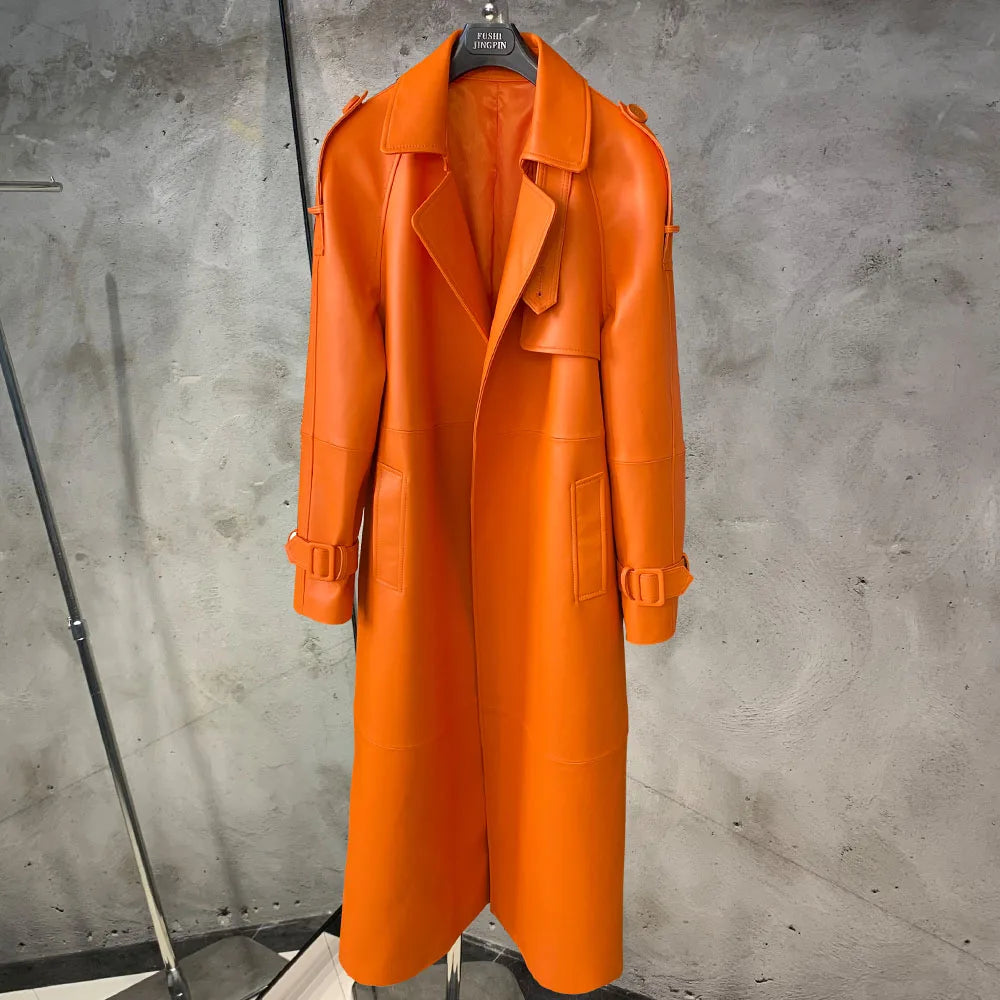 Leather Coat Orange Long Ladies Real Sheepskin Coat Genuine Sheep Leather Windbreak Long 21018