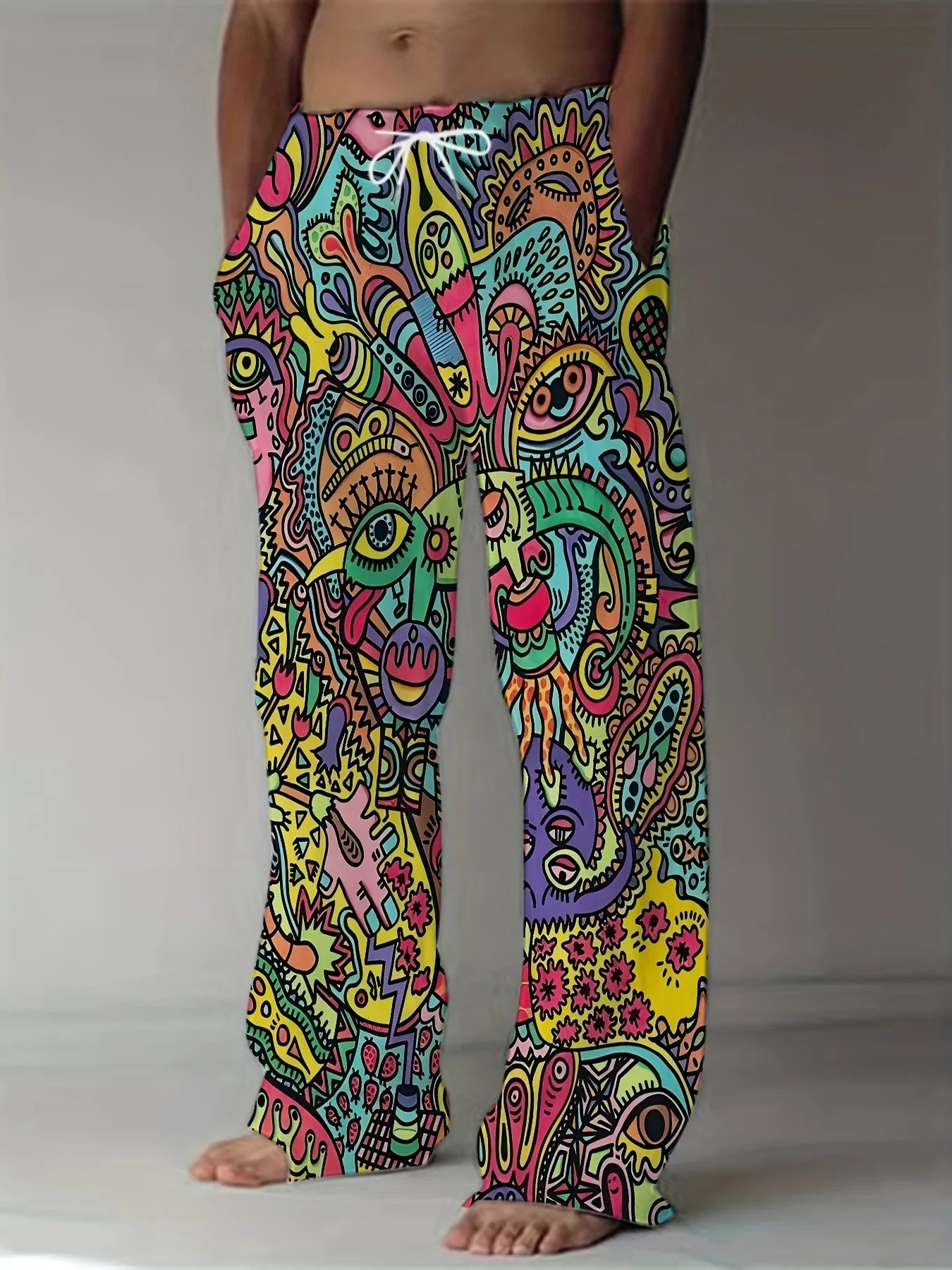 2025 New Men's Pants, Summer Beach Pants, Drawn-out Pocket Casual Pants, Abstract Texture Printed Men's Pants, Cheap Roupa